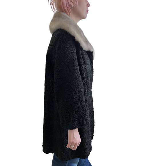 Vintage 1950s Persian Lamb Wool Swing Coat W/ Gray Mink Collar Satin Brocade Lin - Picture 6 of 10